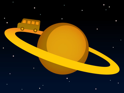Space with stars and a gold planet with a ring around it. UMBC bus driving on the ring.