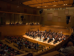 A symphony orchestra performs on a concert stage.