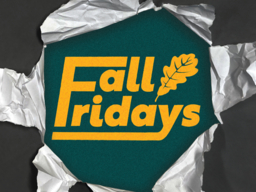 Fall Fridays Logo in yellow text with a leaf and teal background.