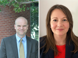 Two side by side images of a man and a woman smiling. They are both wearing business attire.