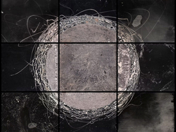 A large grey circle with tangled edges takes up the center of a 9 square grid.