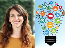 A white woman with long brown hair smiling and wearing a gold shirt, next to an image of a light bulb shape composed of various teaching and learning icons.