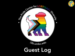 The Pride Center Logo, the Pride Pup, on a black background with the words 'Guest Log' beneath.