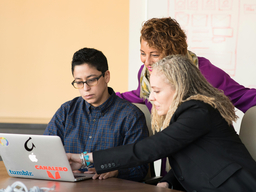 three colleagues looking at a computer