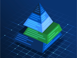 Isometric 3D pyramid with three distinct layers in blue and green, featuring glowing neon lines, set against a dark blue gridded background with glowing data points