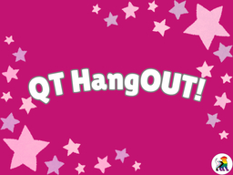 pink background, stars in the bottom left and top right corners. text reads q t hangout.
