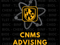 CNMS Advising Logo (atomic design with gold shield in the middle) on dark background with grey, shaded major listings.