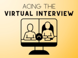 A laptop screen displays a video interview with a smiling student dressed professionally. Another person is on the other side of the screen. The text reads, “Acing the Virtual Interview.”