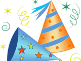 blue party hat with stars and gold party hat with blue stripes and red polka dots
