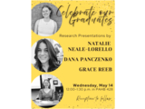 Yellow flyer with black text with grayscale photos of three graduating students