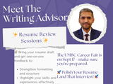 Flyer for UMBC Office of Graduate Student Life’s Resume Review Sessions with Writing Advisor Harshal Singh Chauhan. Event on Tuesday, September 16, 2025, from 1:00–3:00 PM at Commons 318. Bring your resume draft for one-on-one feedback to improve formatting, highlight skills, and tailor it for jobs, internships, or graduate opportunities. The flyer reminds students that the UMBC Career Fair is on September 17