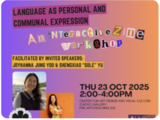 colorful text on gradient field of purple to orange, two headshots of presenters with long dark hair