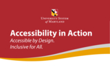 red banner with gray, yellow, and black waves. Text, USM Accessibility in Action. Accessible by Design. Inclusive for All, on the red background