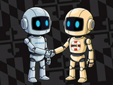 Two robots shaking hands in collaboration. One robot has the Salesforce logo on it and the other robot has the UMBC RT logo.