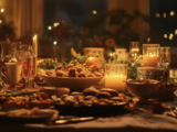Image depicting a table with dishes, candles, and twinkle lights.